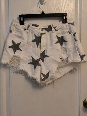 Star Print Distressed White Denim Shorts